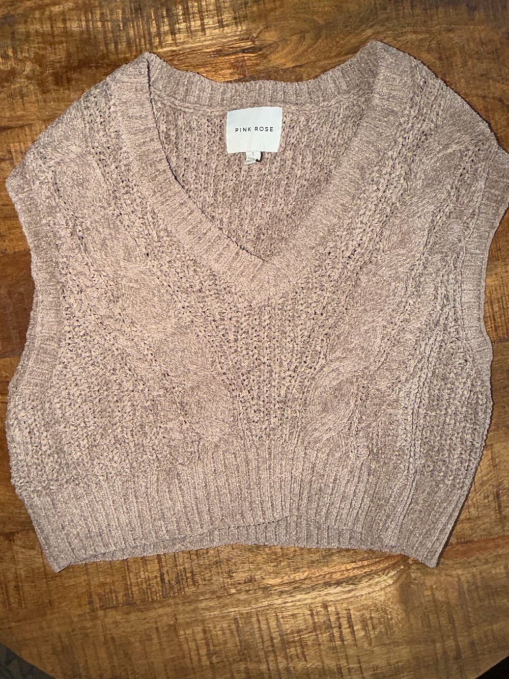 Pink Rose Dusty Taupe Cable Knit V-Neck Sweater Vest